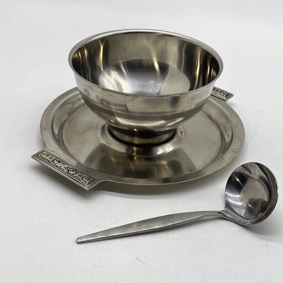 Vtg Mid Century Danish Mod Sauce/Gravy Boat Stainless Steel Attchd Saucer Ladle - Picture 6 of 12